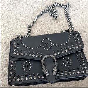 Black leather studded bag, chain strap, metal detailing